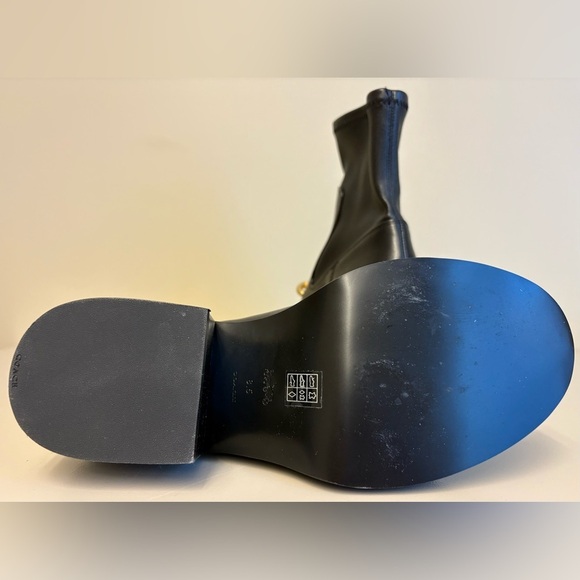 Coach MEL Black leather Combat Boots round toe block heel Gold Chain women's 8.5 - Picture 7 of 10